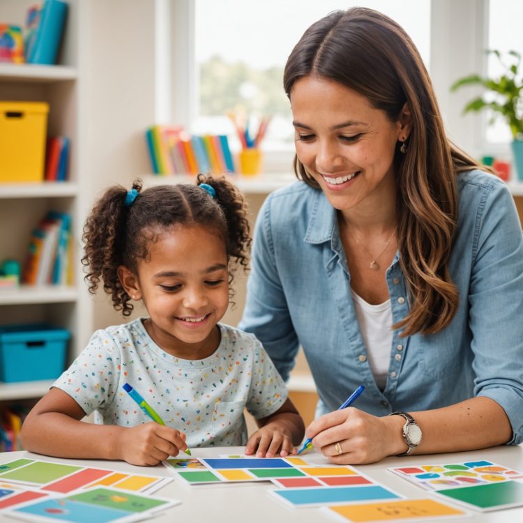 Speech therapist working with child on language development