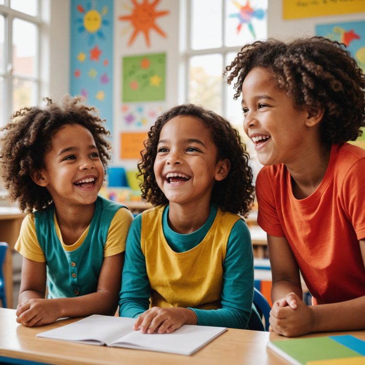 Three diverse children talking and laughing together in a classroom
